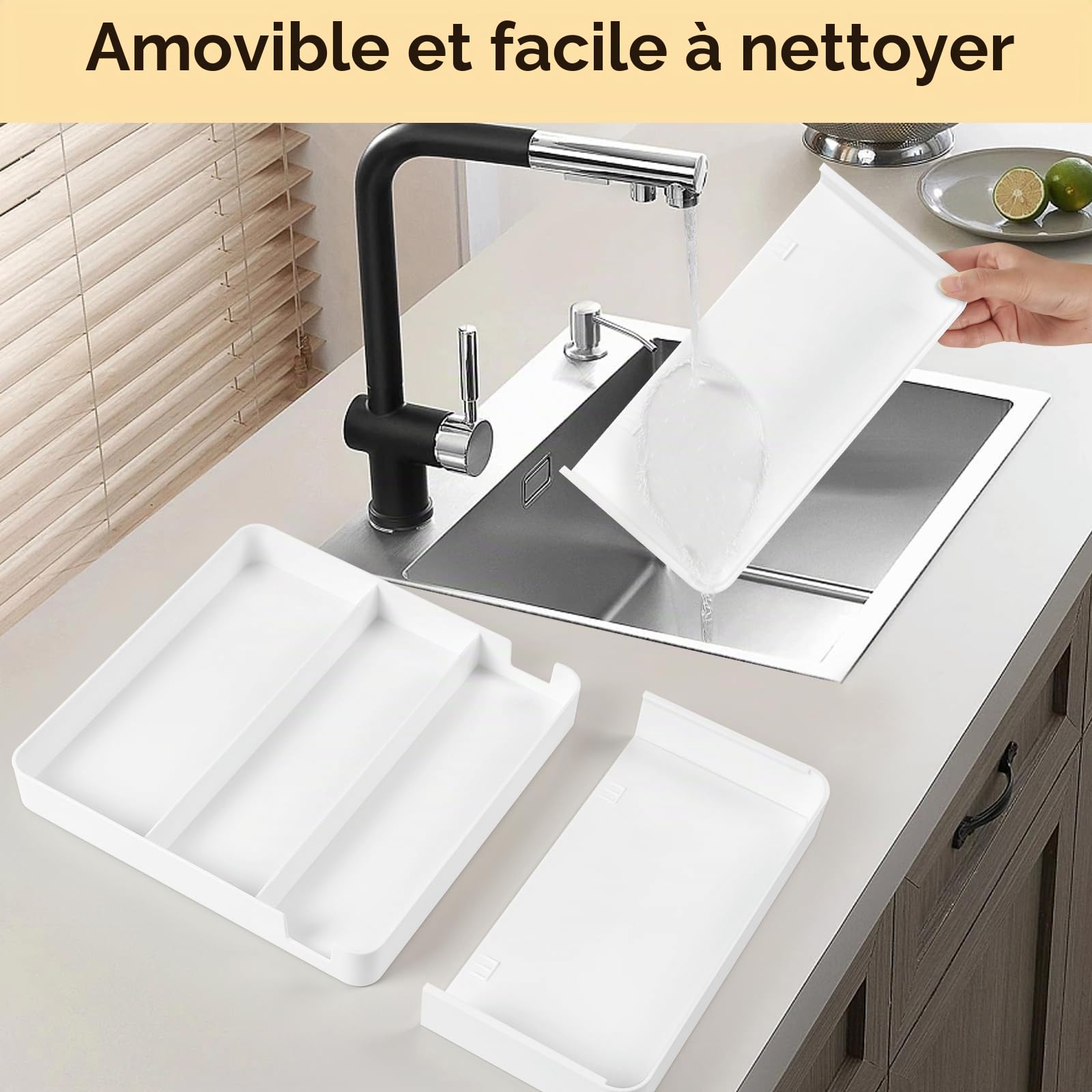 2 Pièce Range Couvert Tiroir Extensible, Rangement Couvert | Profondeur 27 cm, Extensible Jusqu'à 45,5 cm, Range-couverts Amovible, Organisateur Couverts Tiroir avec 5 Compartiments