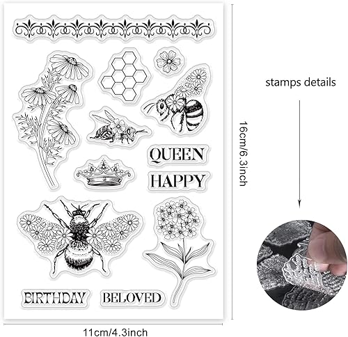 Miniatura 2 de ORIGACH Sellos transparentes de silicona con diseño de abeja, margarita de abeja, sellos de silicona transparente con texto en inglés "Happy
