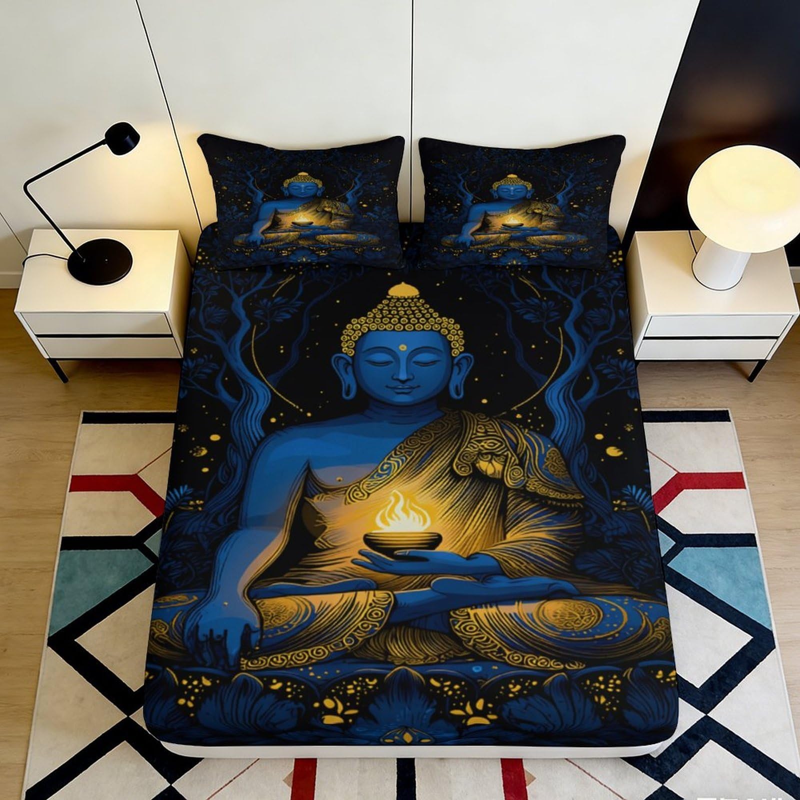 3D Printed Buddha Fitted Sheet, Microfiber Soft Touch, Blue Gold Art Bedroom Decor, Bed Cover, Guest Room Bedding, Wrinkle Resistant, Easy Care, Home Essential, 120x200cm 90x200x25cm