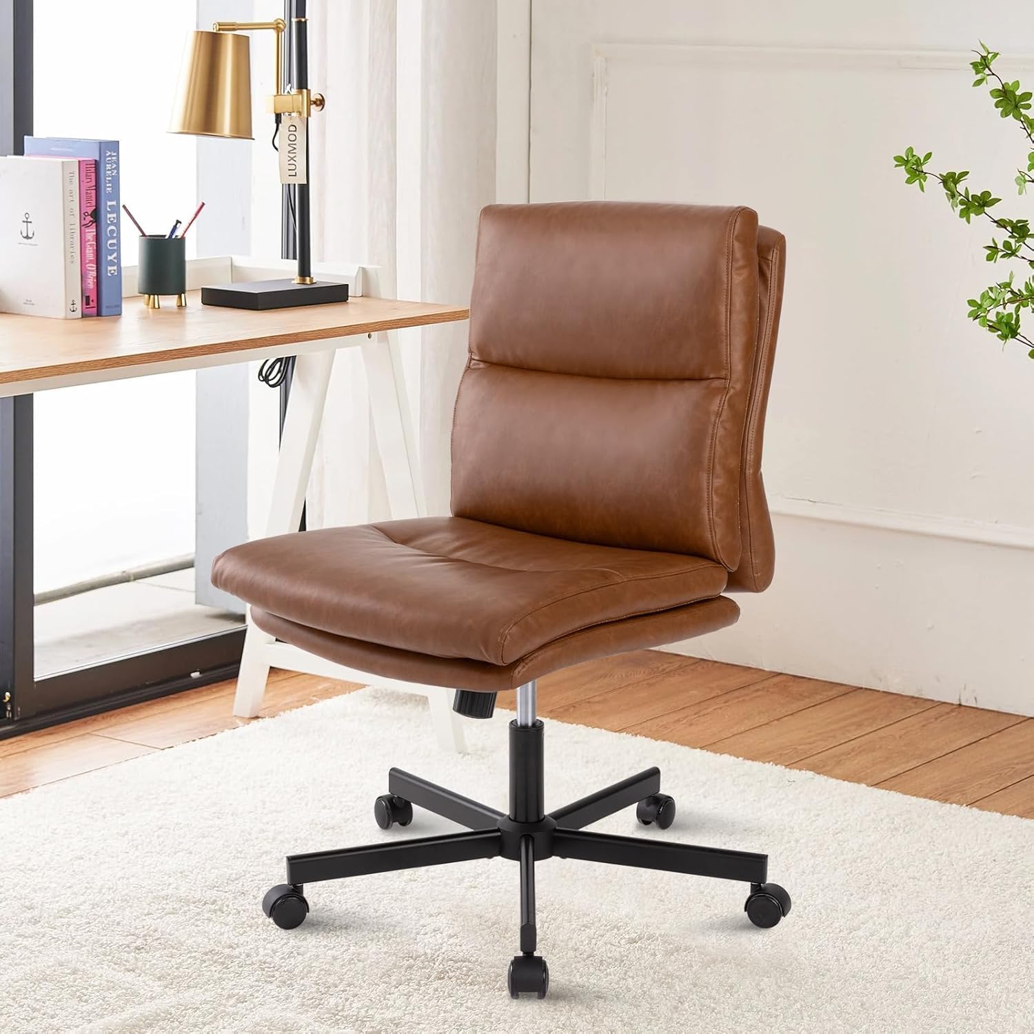 LUCKWIND Armless Office Desk Chair with Wheels, Mid-Back Criss Cross Swivel Task Chair, Height Adjustable Cushioned Vanity Chair, Double Padded PU-Leather Chairs for Home, Office & Bedroom (Black)