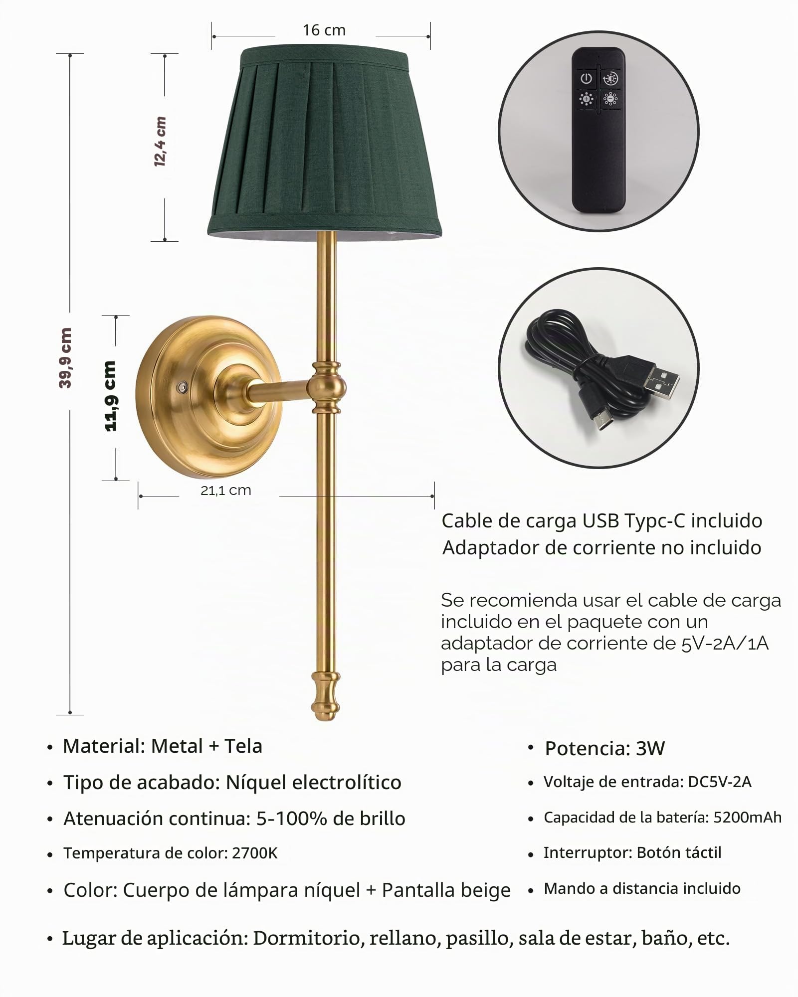 Apliques de pared recargables, 2,LED de tela con batería, iluminación regulable con 5200 mAh y mando a distancia inalámbrico para salón, dormitorio, pasillo (Schwarz)