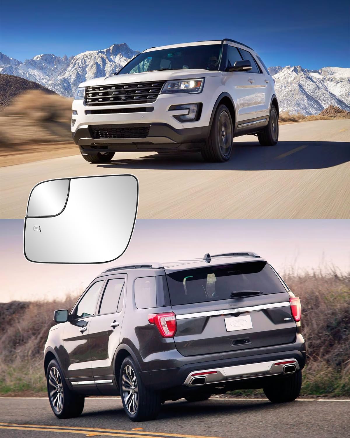 Driver Side Mirror Glass Replacement for Ford Explorer 2011 2012 2013 2014 2015 2016 2017 2018 2019, Heated Exterior Left Chrome Mirror with Backing Plate, Replaces BB5Z17K707M