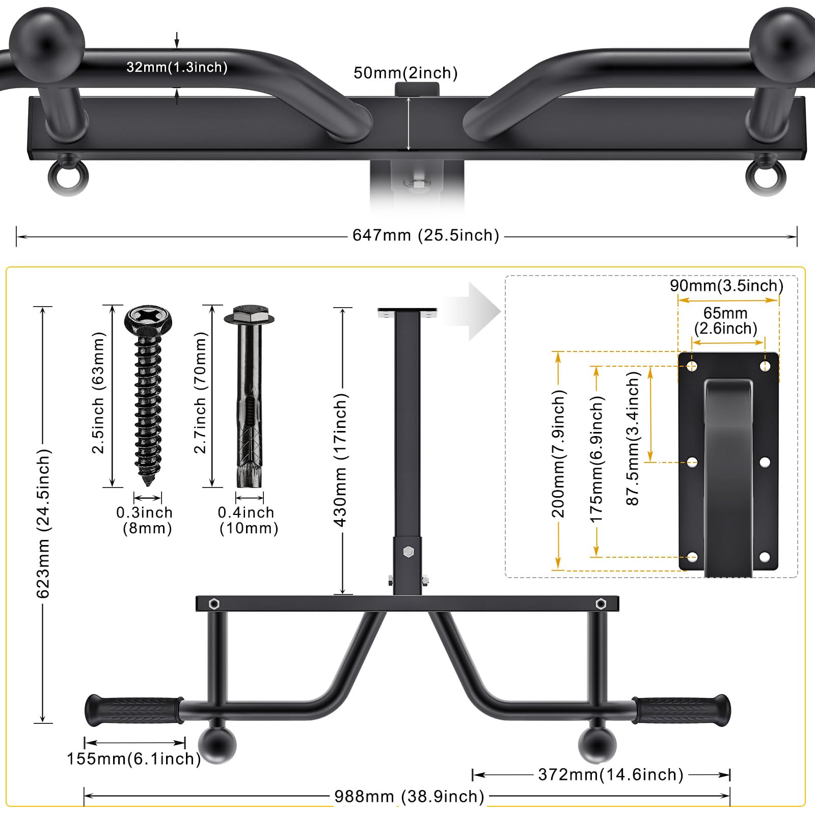 Kipika Hochleistungs-Wandklimmzugstange, 24 Zoll Abstand zwischen Wand und Stange, multifunktionale Klimmzugstange, Ballfingergriff-Training, Heimfitnesssystem für das Ganzkörpertraining