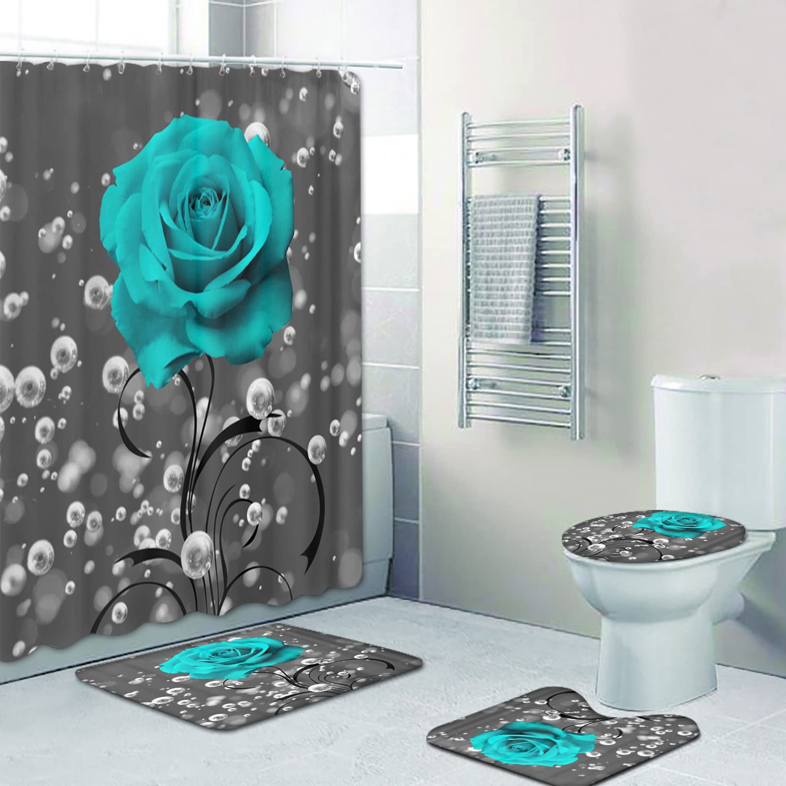 4 Piece Shower Curtain with Bath Rugs Bathroom Sets - Image 2