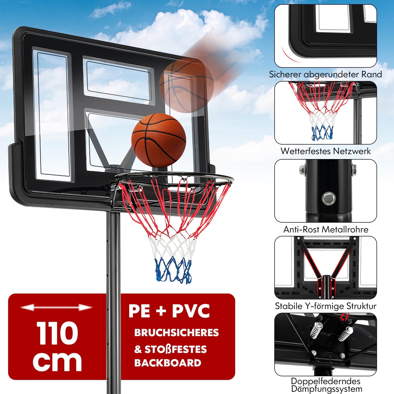 COSTWAY Basketballkorb Outdoor mit Ständer, Basketballständer 130-305 cm höhenverstellbar, Basketballanlage mit 2 Rädern & 2 Netzen, Mobile Korbanlage für Kinder, Erwachsene
