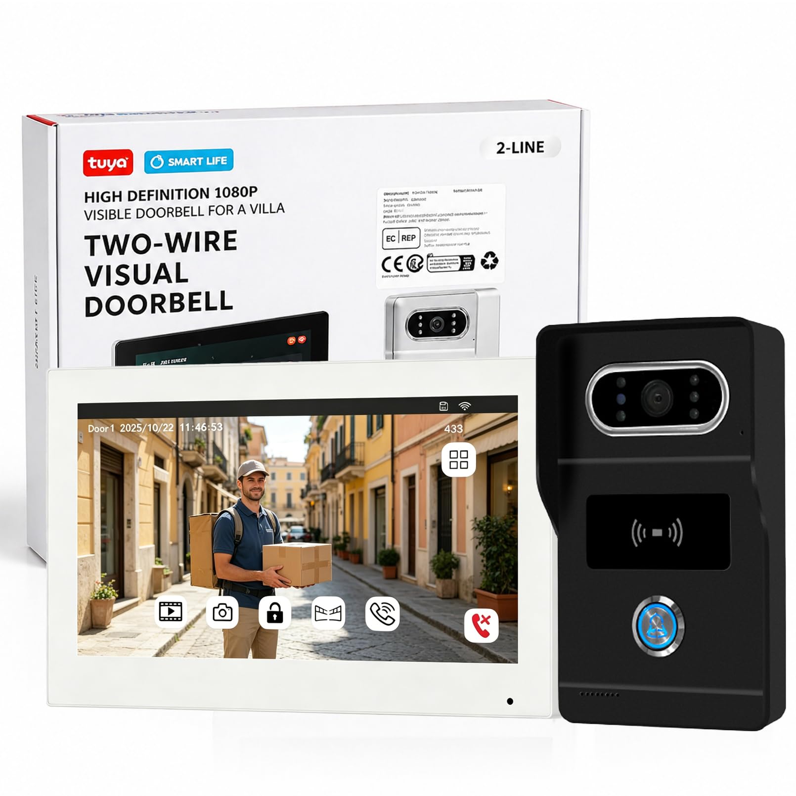 Videoportero WiFi Sistema de Intercomunicación 1080P, 7'' Monitor Táctil a Color,Timbre Video Mirilla 2 Hilos,Sblocco con Scheda RFID/APP Tuya,Audio Bidireccional,2,4GHz