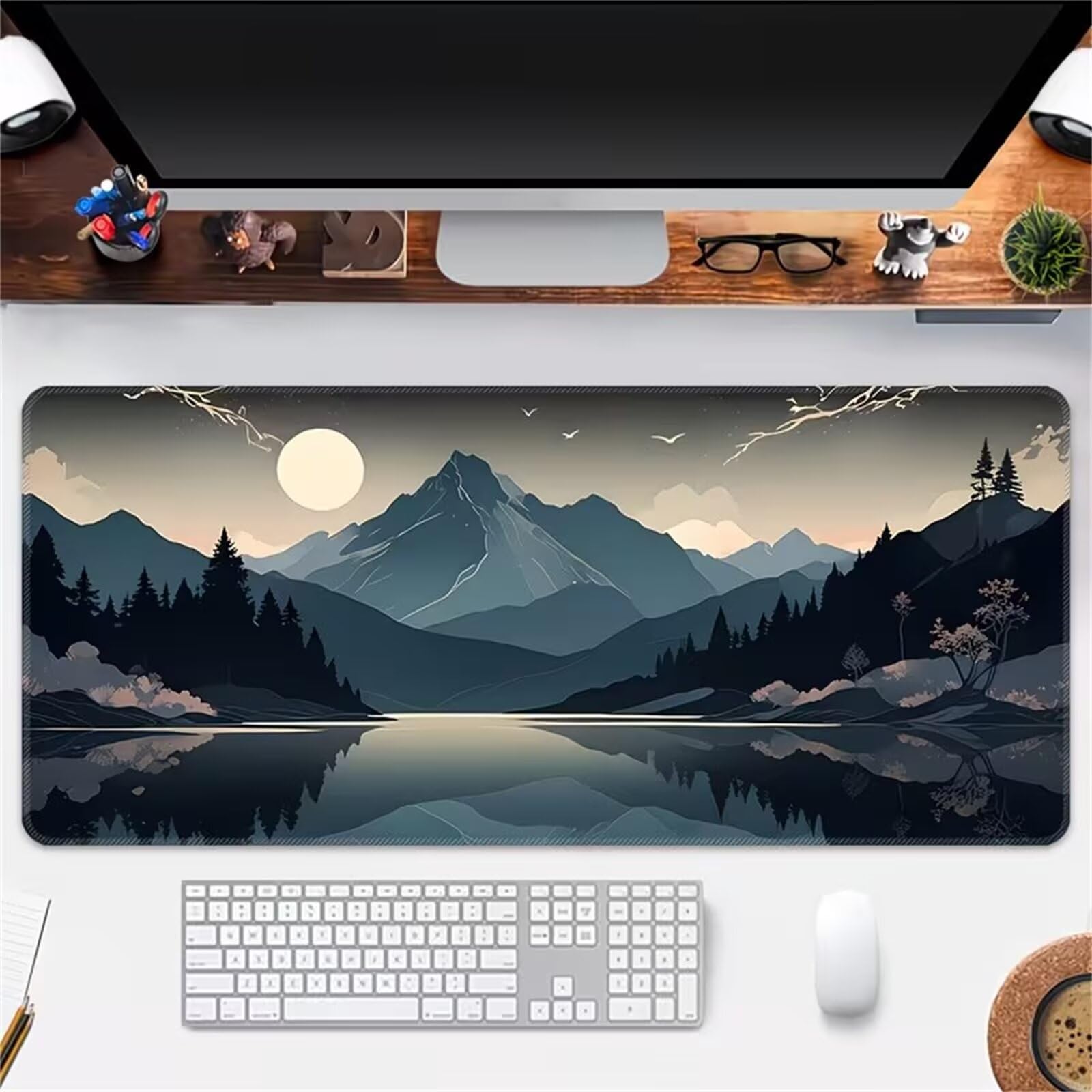 Tappetino per Mouse Gaming XXL 700x400x3mm,Sottomano Scrivania Grande Base Gomma Antiscivolo Bordi Cuciti,Ampio Tappetino per Tastiera PC Laptop Casa Ufficio (Lago di montagna della Luna)