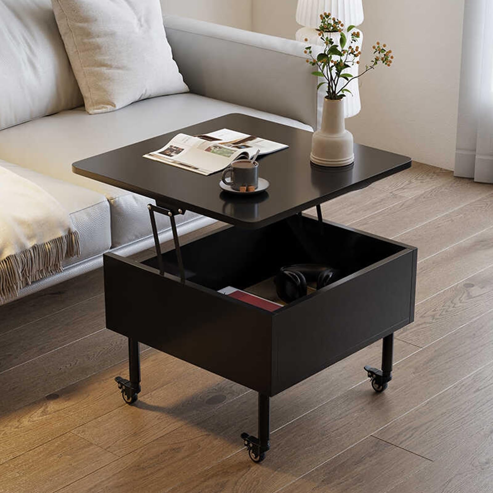 Yzmjxnyy Black Wood Lift Top Coffee Table, Movable Side Table, With Wheels And Hidden Compartment, Lift Tabletop Dining Table, Living Room Furniture For Home Small Space(Black)