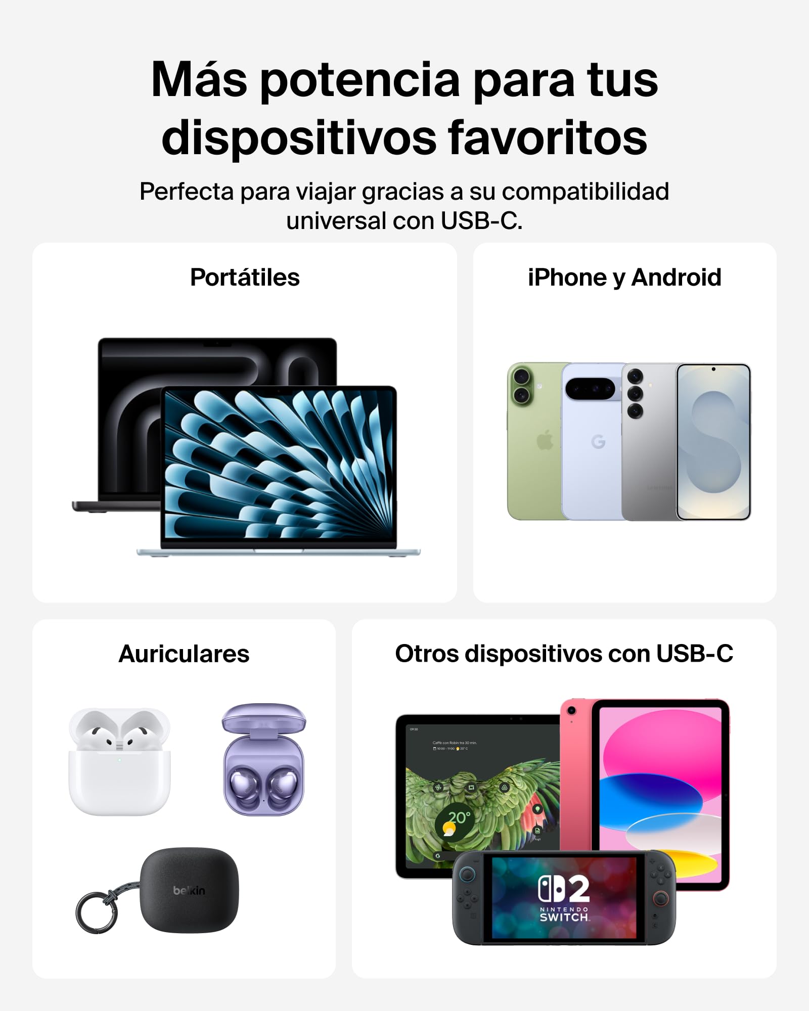 Belkin UltraCharge Pro Batería Externa Carga Rápida 27000mAh, Power Bank Con Cable USB C Integrado, USB PD De 240 W y USB A, Batería Portátil para MacBook Pro, iPhone, iPad, Galaxy, Pixel, Gris Carbón