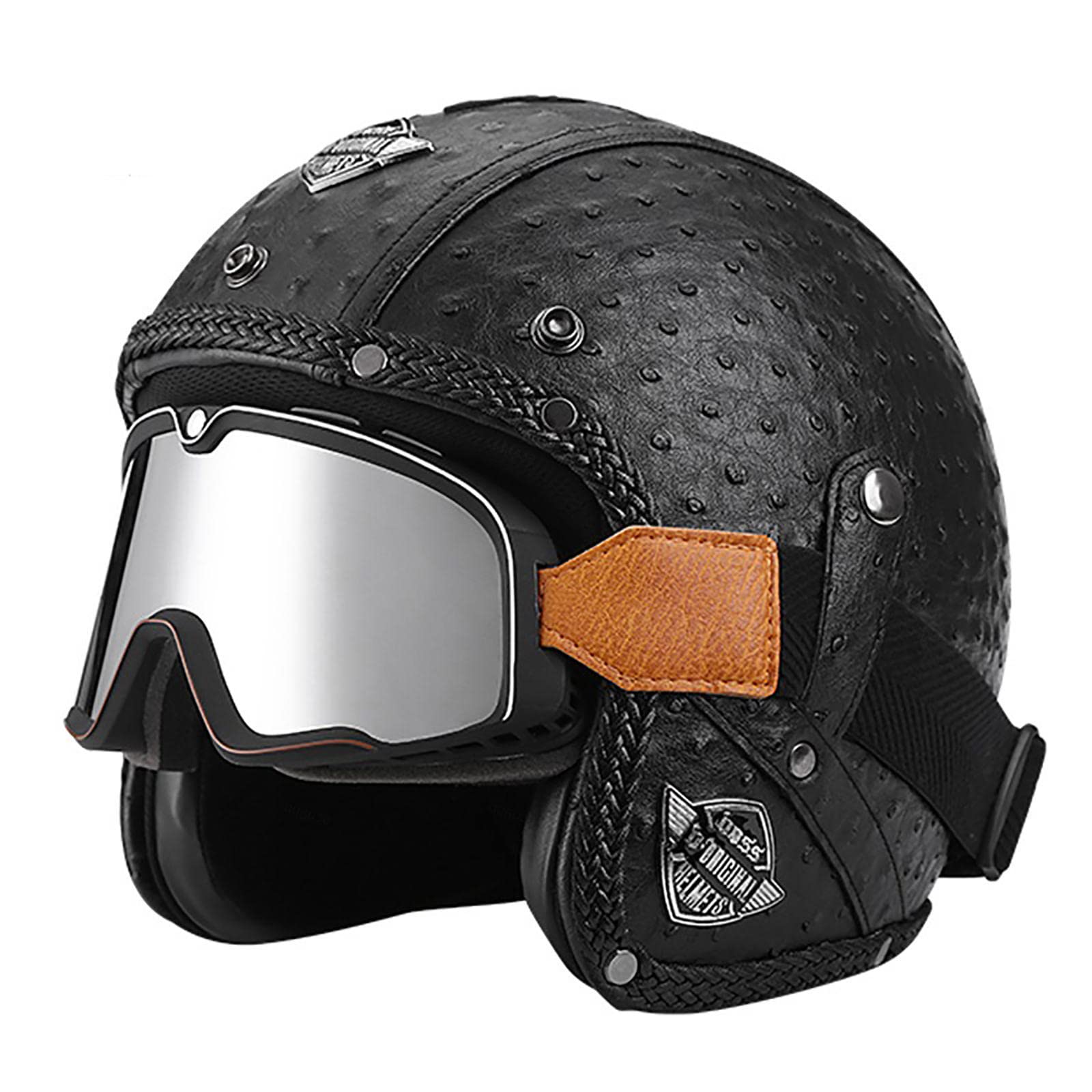 Casque jet en cuir EBAYIN de style casque bol rétro pour moto chopper et cruiser
