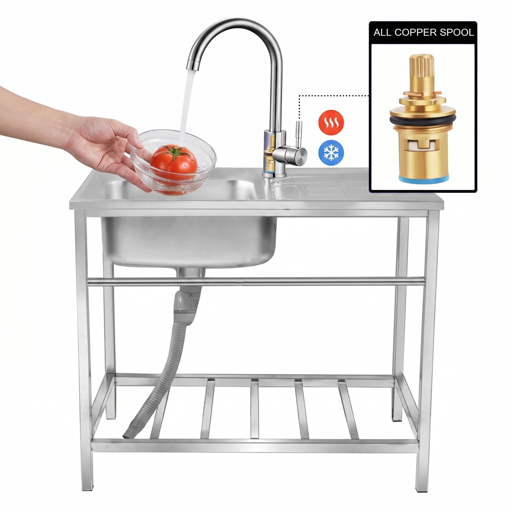 Gewerbliche Edelstahl Küchenspüle mit Arbeitsfläche, freistehendes Einzelbecken für Gastronomie Vorbereitung, Gemüsespüle mit Wasserhahn und Ablage(Double layer)