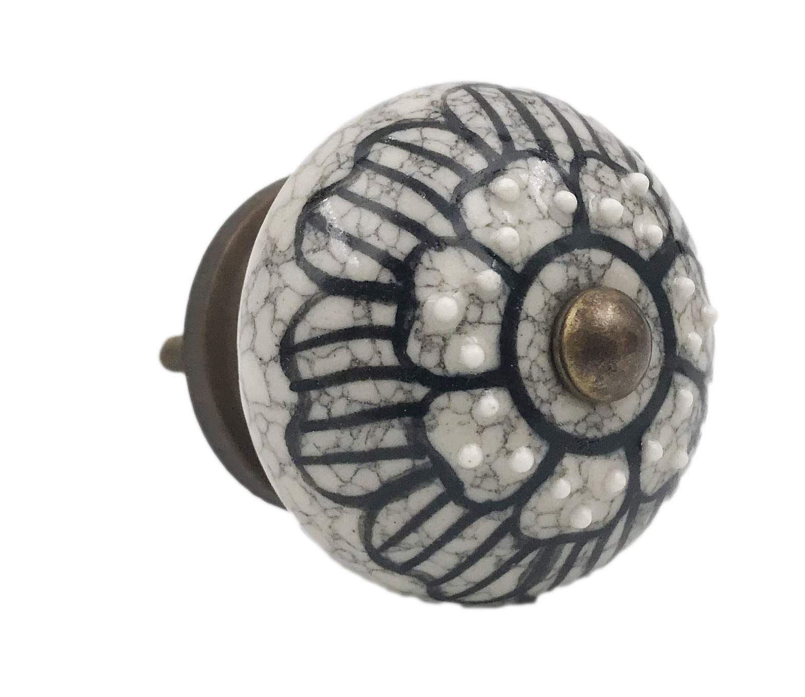 Gray Ceramic Floral Black Design Embossed Knob, Drawer Pull, Cabinet Pull, Dresser Knobs - Pack of 10