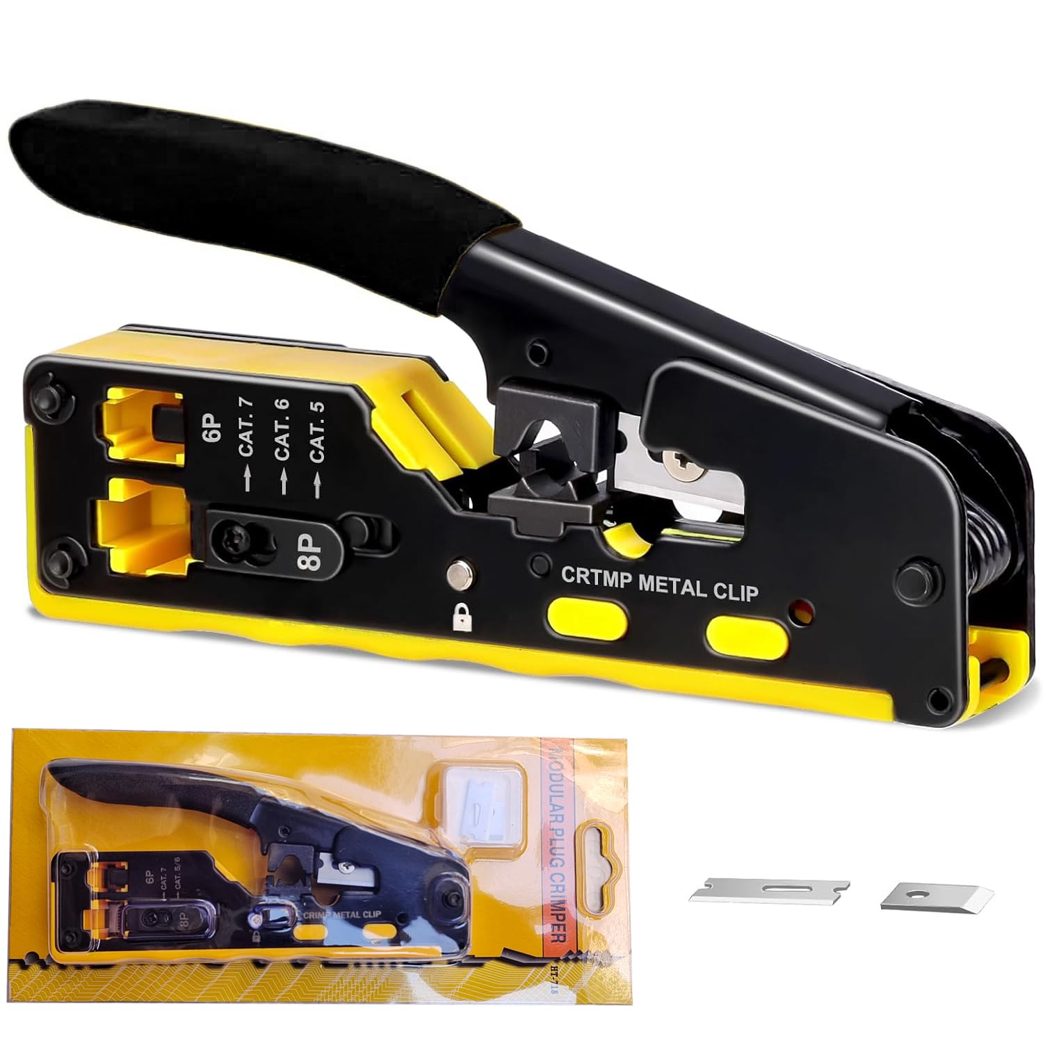 RJ45 Pass Through Crimp Tool, RJ45 Cat5 Cat6 Cat7 Crimping Tool, RJ11 Crimping Tool, Ethernet Network Cable Crimper Stripper, Modular Crimping Equipment Mini Tool Pliers (Black+Yellow)