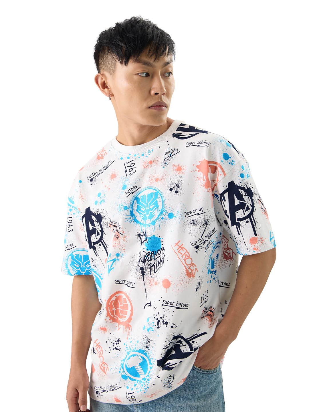 the souled store Official Marvel: Creative Chaos Men and Boys Short Sleeves Round Neck Multicolor All Over Printed Cotton Oversized T-Shirts-picture-45