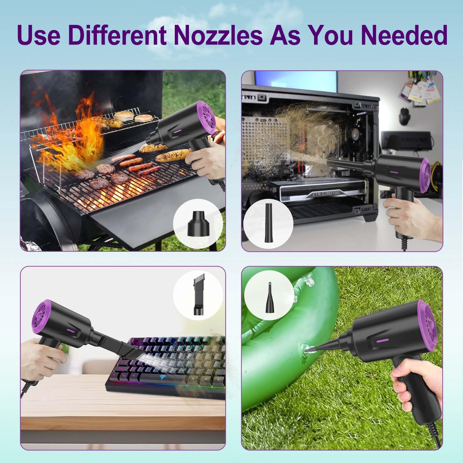Meudeen Air Duster - Aire comprimido - Limpieza de alta potencia de 5.5 onzas para computadora - PC - Soplador de aire de 2 engranajes (negro morado)