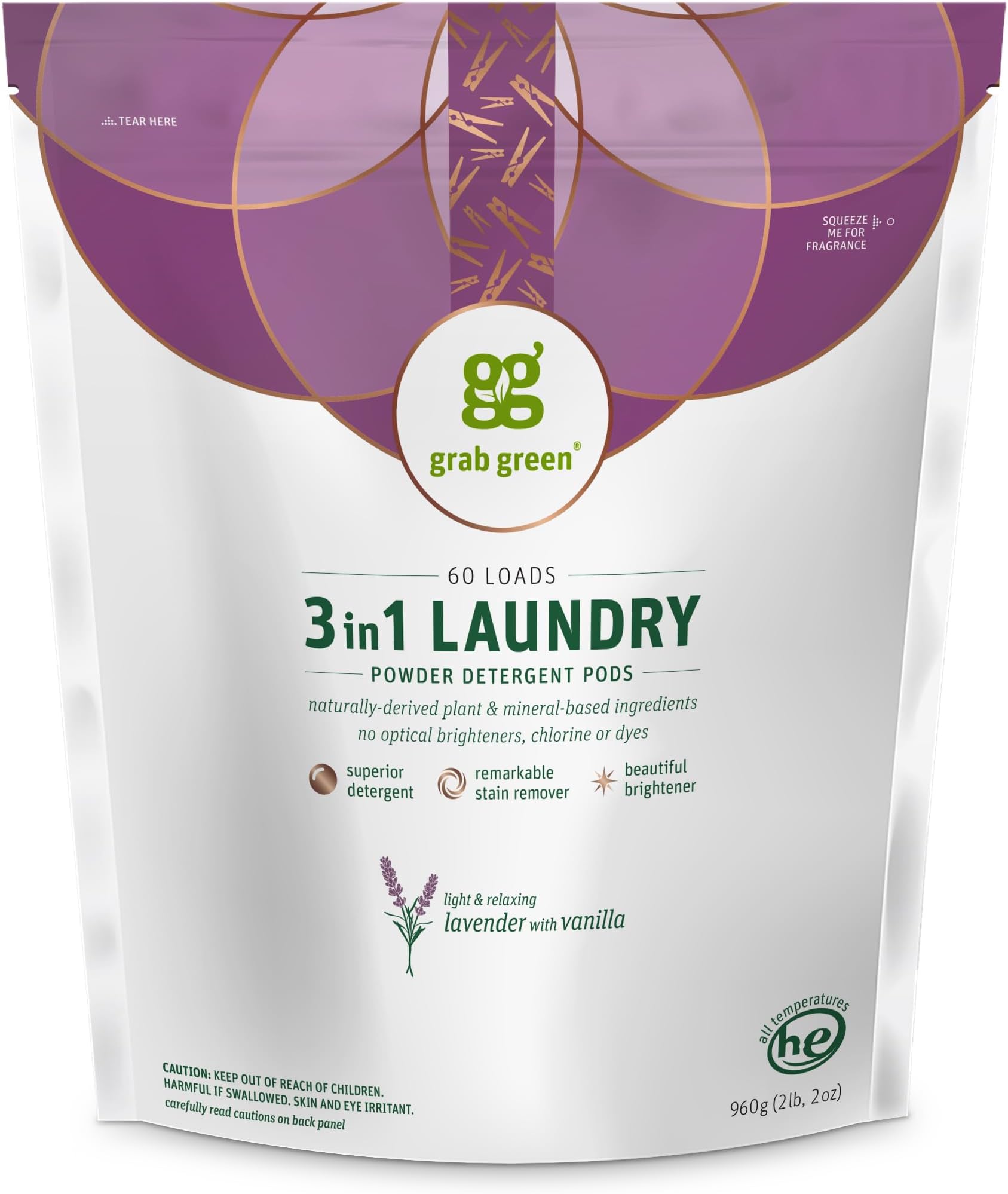3-in-1 Laundry Detergent Pods, 60 Count, Lavender Vanilla Scent, Plant and Mineral Based, Superior Cleaning Power, Stain Remover, Brightens Clothes