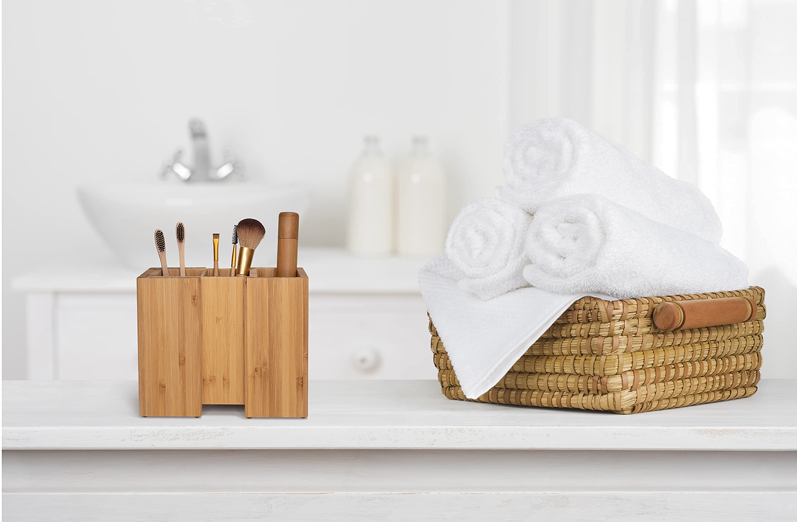 Bamboo Utensil Holder for Kitchen Counter , Expandable Compartments with NonSlip Tabs, Storage