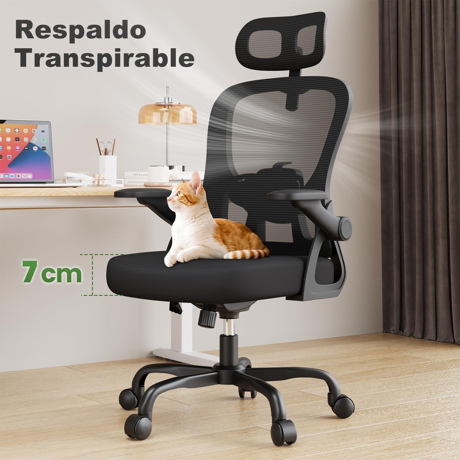 rattantree Silla Escritorio Ergonómica con Ajustable Respaldo| Negro| | Silla de Oficina con Respaldo Malla Transpirable | Altura Regulable | Reposacabezas| Adecuado Oficina y Hogar| 110kg