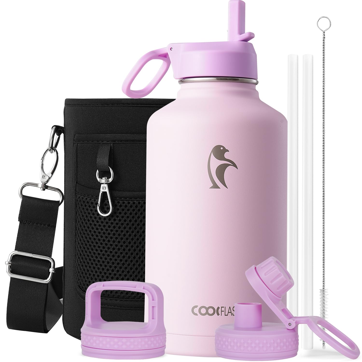 Coolflask Isolierte Wasserflasche, Doppeltes Vakuum Auslaufsicher, Leicht zu reinigen, Wasserflasche mit Strohhalm, 3 Deckeln, Thermosflaschen aus Edelstahl für Sport Büro