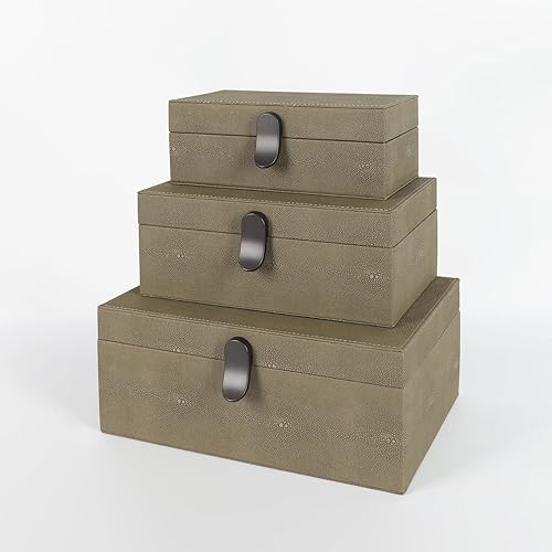 Miniatura 2 de Elegante juego de 3 cajas decorativas de Shagreen verde con forro de terciopelo y asas marrones, decoración versátil para el hogar y organizador de