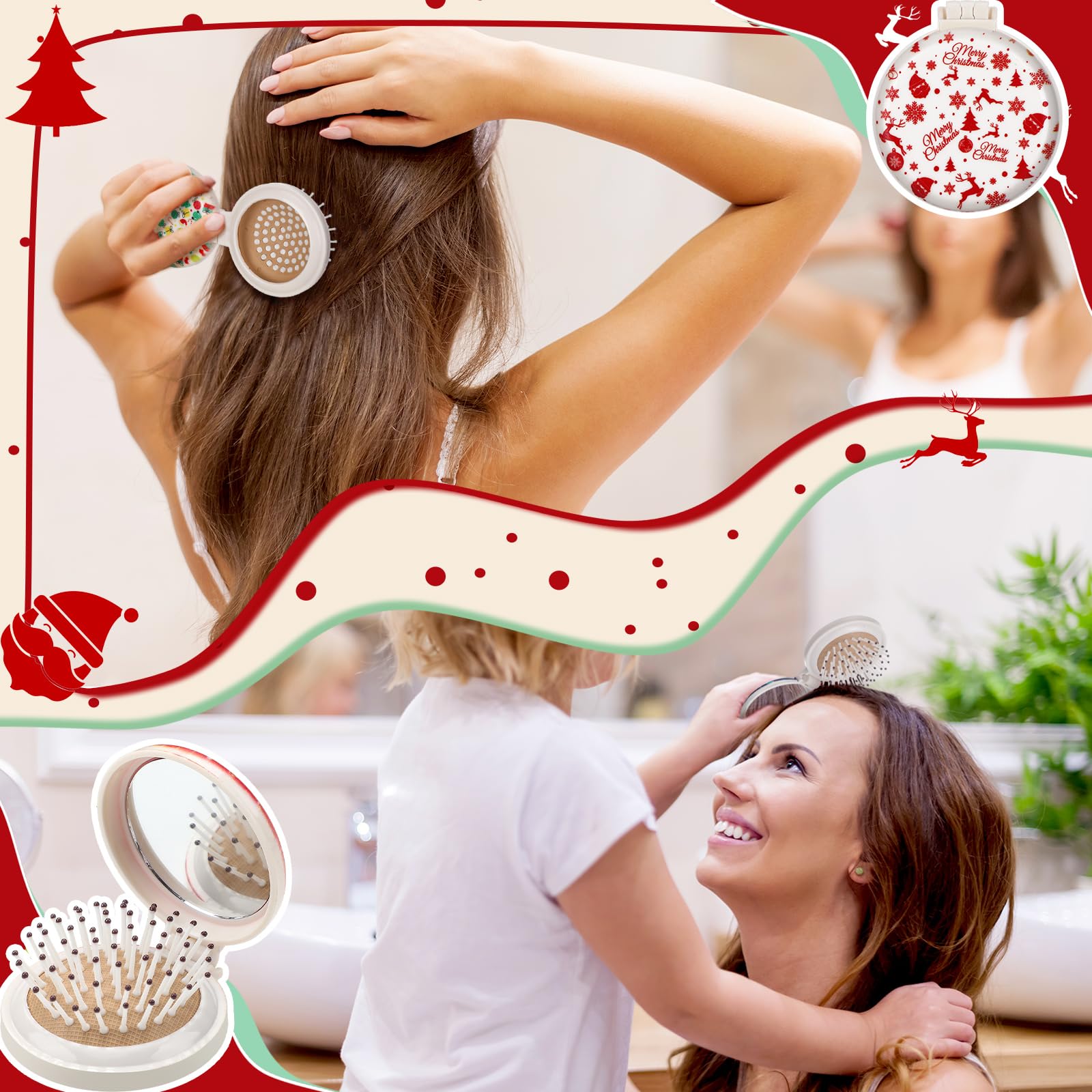 Thyle 12 cepillos de Navidad con espejo, mini cepillo desenredante plegable, regalo para Navidad, mini cepillos de pelo de viaje, accesorios para niñas, regalos de vacaciones, rellenos de calcetines