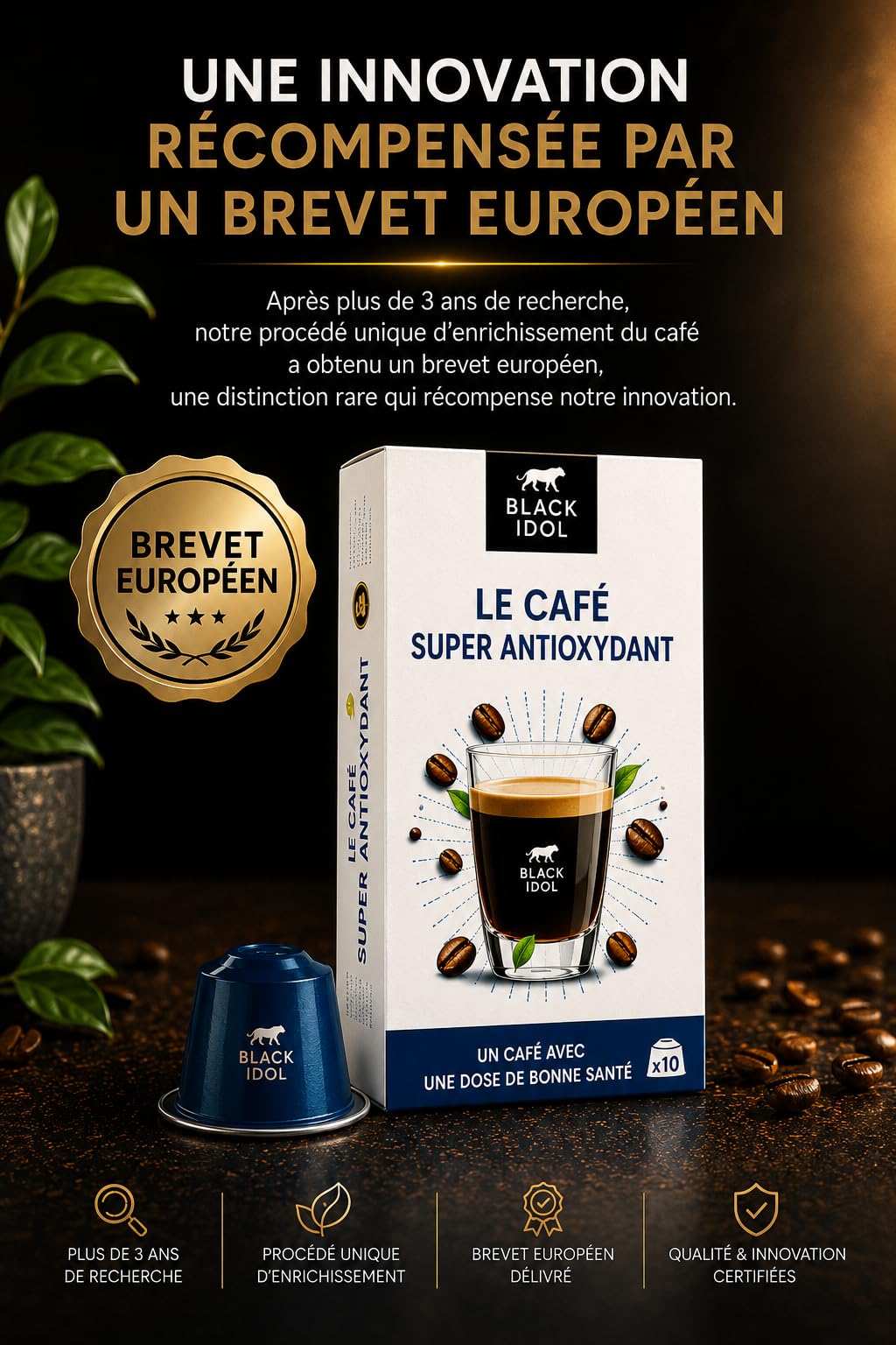 CAFÉ SUPER ANTIOXIDANTE – ANTIEDAD BLACK IDOL – 100 CÁPSULAS, compatible con NESPRESSO* ORIGINAL – Intensidad 10 – Café enriquecido con polifenoles antioxidantes naturales