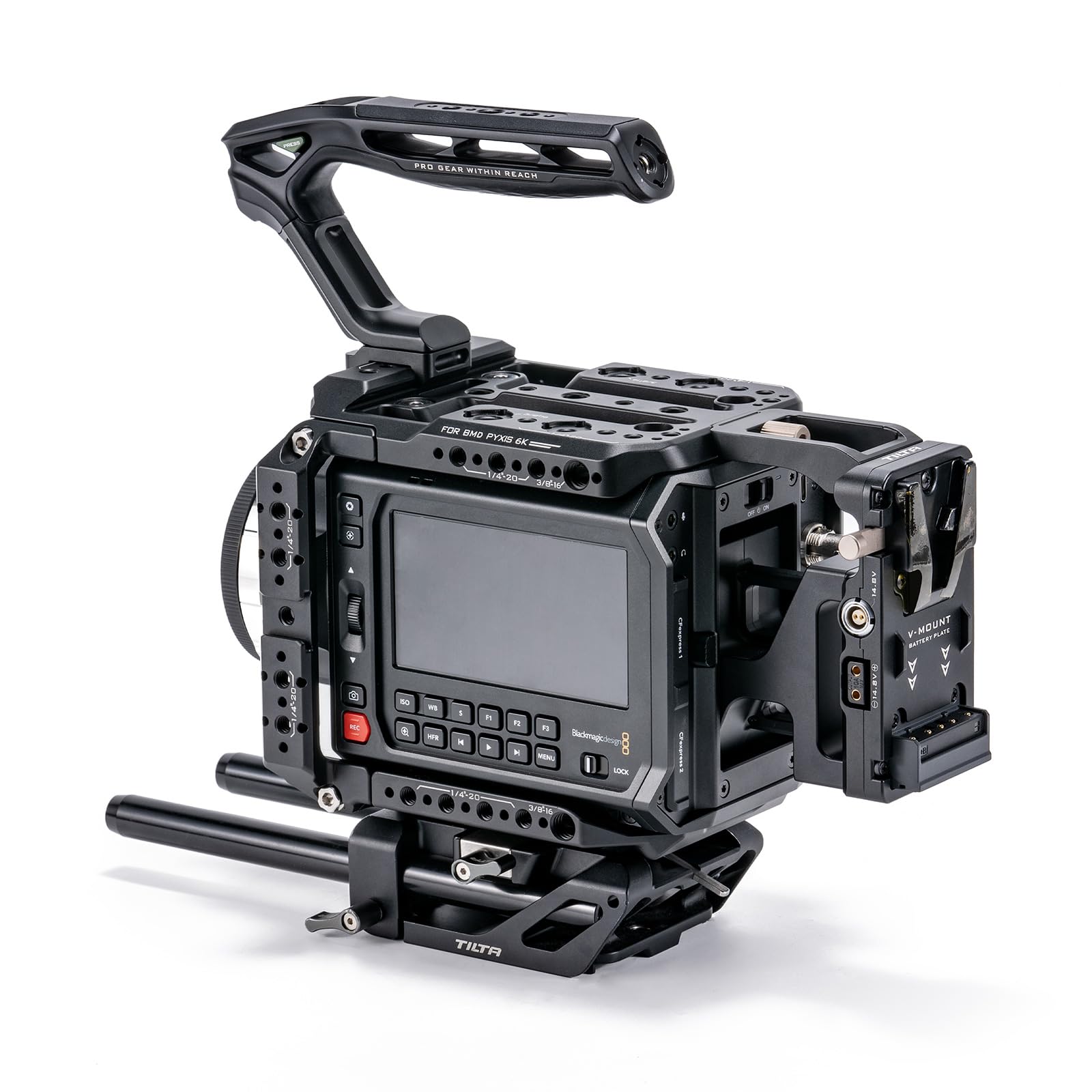 Tilta Cage Pyxis 6K, Pro Kit Cage pour Caméra Compatible avec Pyxis 6K/12K avec Plaque de Batterie V Mount, Poignée Supérieure, Plaque de Base, Tiges - Noir ES-T21-B-V