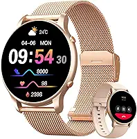 Smartwatch Feminino 1.32' Full Touch, IP68 à Prova d'Água, Ligações Bluetooth, 100+ Modos Esportivos, Notificações Inteligentes, Assistente de Voz, Compatível com iOS/Android, Inclui 2 Pulseiras, Ouro