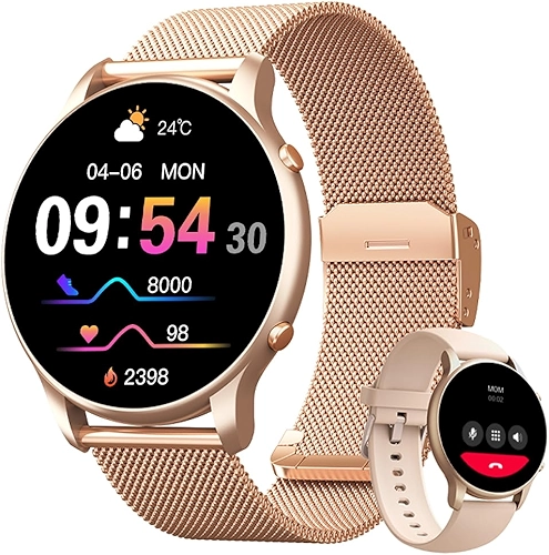 Smartwatch Feminino 1.32" Full Touch, IP68 à Prova d'Água, Ligações Bluetooth, 100+ Modos Esportivos, Notificações Inteligentes, Assistente de Voz, Compatível com iOS/Android, Inclui 2 Pulseiras, Ouro