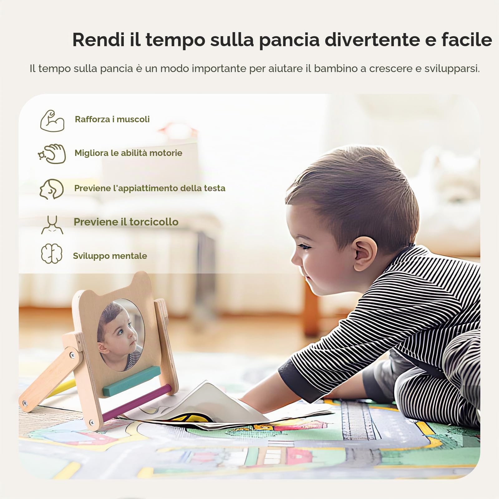 WOODEN TEETHER Specchio per Bambini - Specchio Montessori per Neonati con 120 Pagine di Carte Visivamente Stimolanti, Giocattolo in Legno per Pancia-Tempo, Giocattolo Montessori per Neonati 0 3 6 12