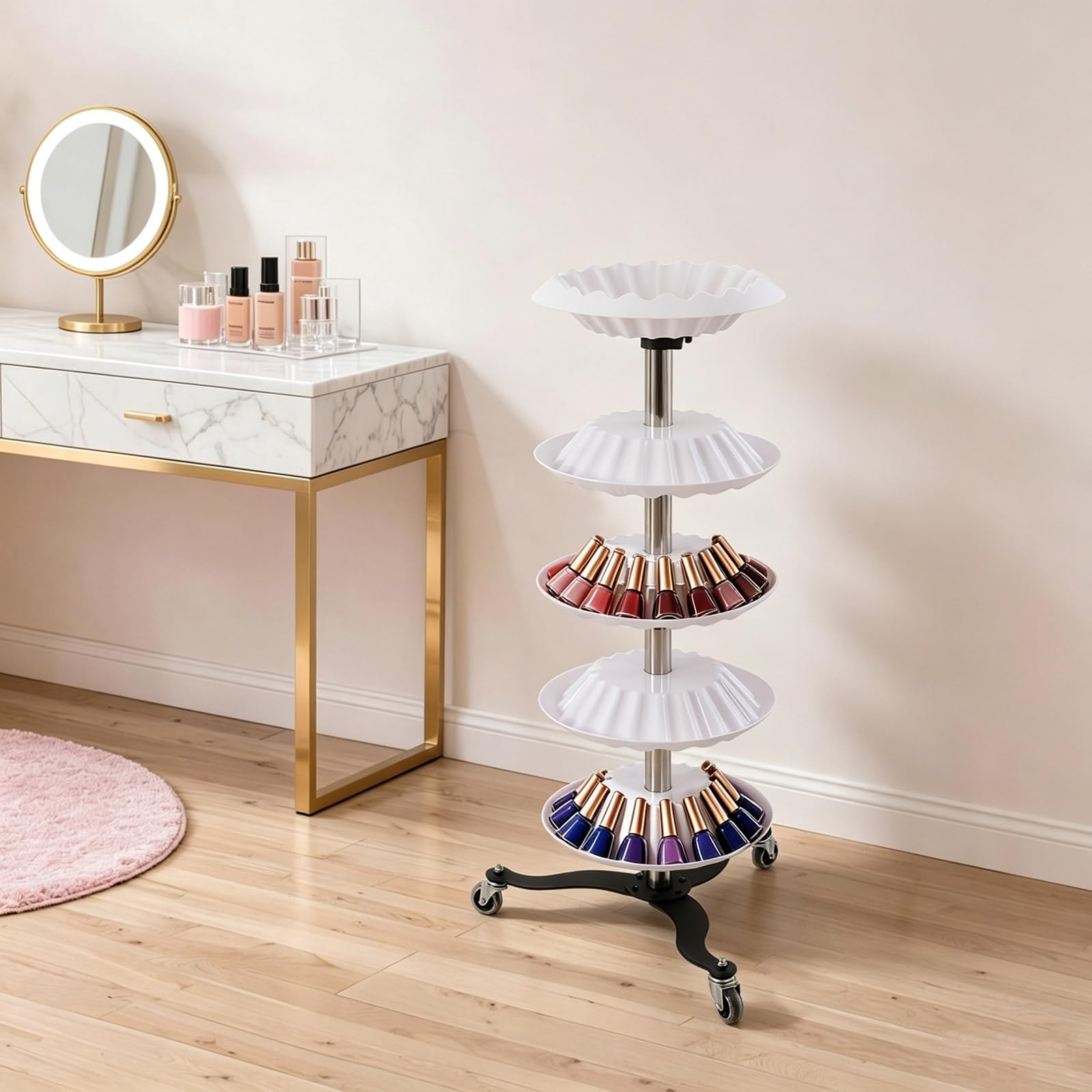 Estantería giratoria de 5 niveles con ruedas para salón de uñas