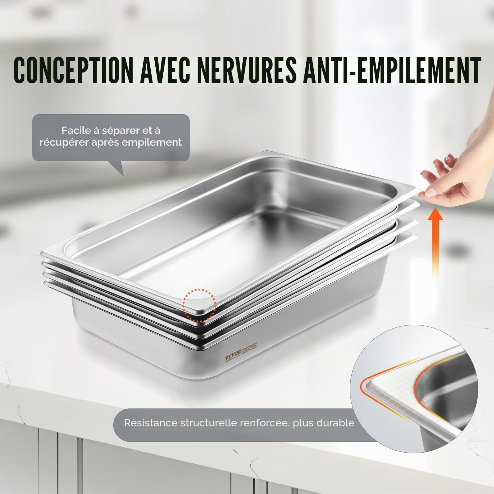 VEVOR Bac Gastronorme GN 1/1 Lot de 4, Récipient Inox pour Bain-marie 0,8 mm d'Épaisseur, Bac Inox Alimentaire avec Couvercle 10,7 cm de Profondeur, pour Chauffe-plats, Stockage, Restauration