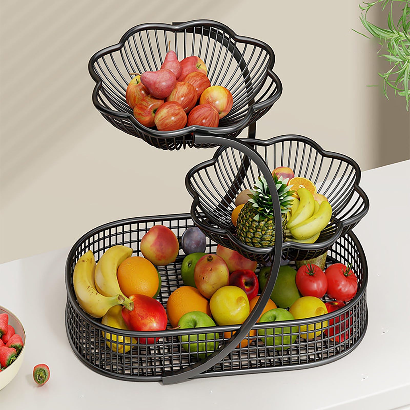 Large Metal Fruit Basket For Kitchen Counter Deep Wire Bowl Vegetable Storage Countertop Organizer For Bread Snacks(Black)