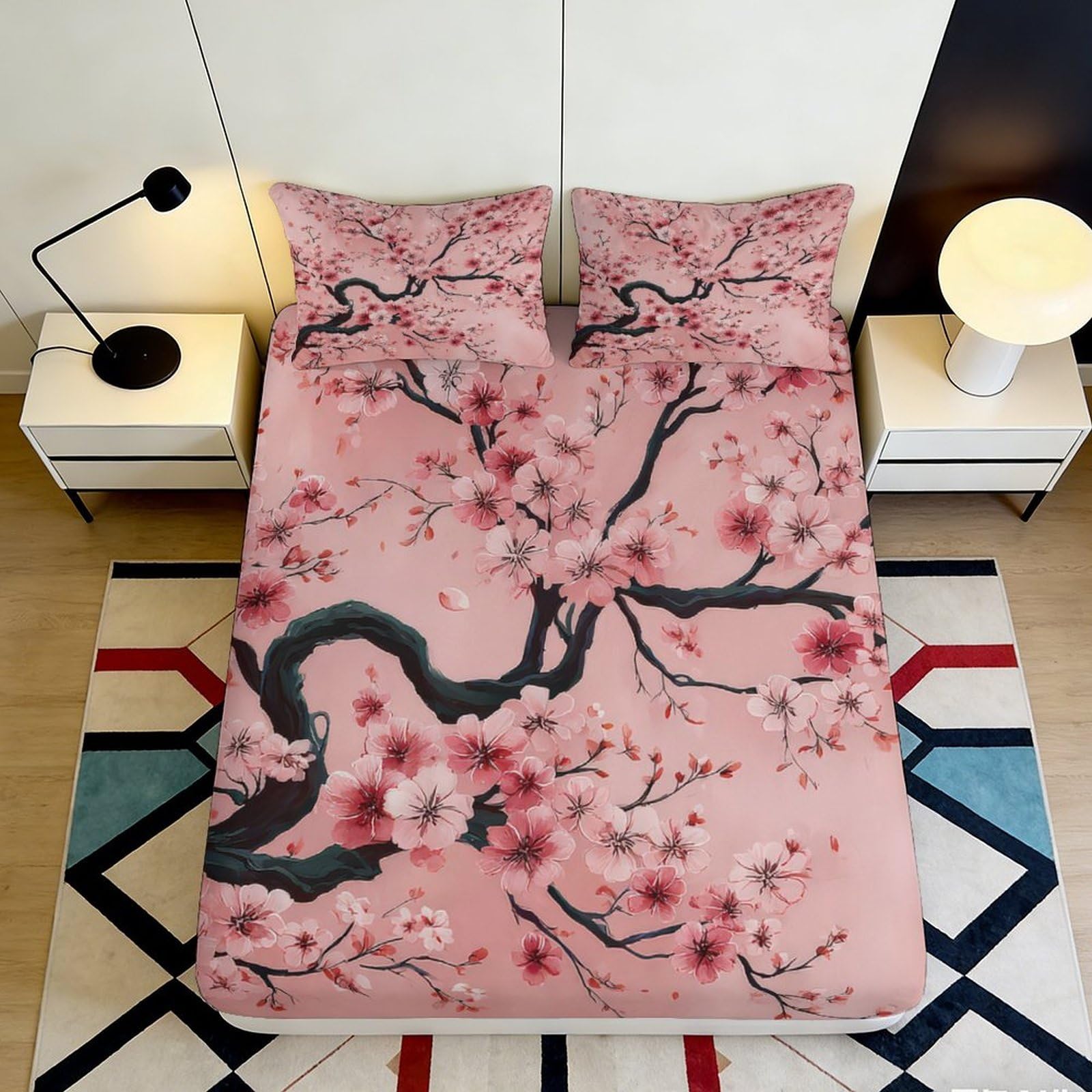 3D Printed Sakura Blossom Fitted Sheet Microfiber Soft Pink Plum Branch Mattress Cover for Bedroom Decor Protection 90x200x25cm