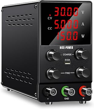 NICE-POWER Adjustable DC Power Supply 30V 5A Variable Switching Regulated High Precision 4-Digits LED Display 5V/2A USB Port Test Lead Output & Input Power Cord Bench Lab Power Supplies