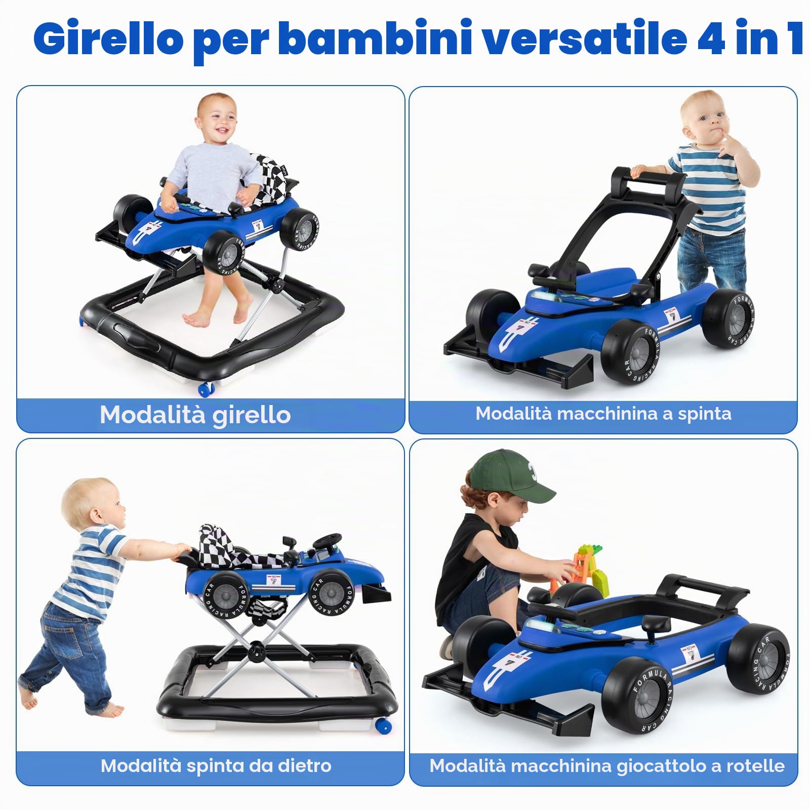 LIFEZEAL 4 in 1 Girello per Bambini, Neonati 6-18 Mesi, Altezza Regolabile, Antiurto, Trasformabile, Pieghevole, con Musica, Primi Passi, Baby Walker, Carrellino, Imparare a Camminare, Max12kg, Blu