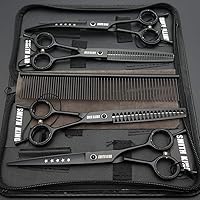 Vista 2 de Juego de tijeras profesionales de aseo para perros de 7.0 pulgadas, rectas, adelgazantes, curvas, picadoras y peines, 5 piezas en 1 juego para Negro