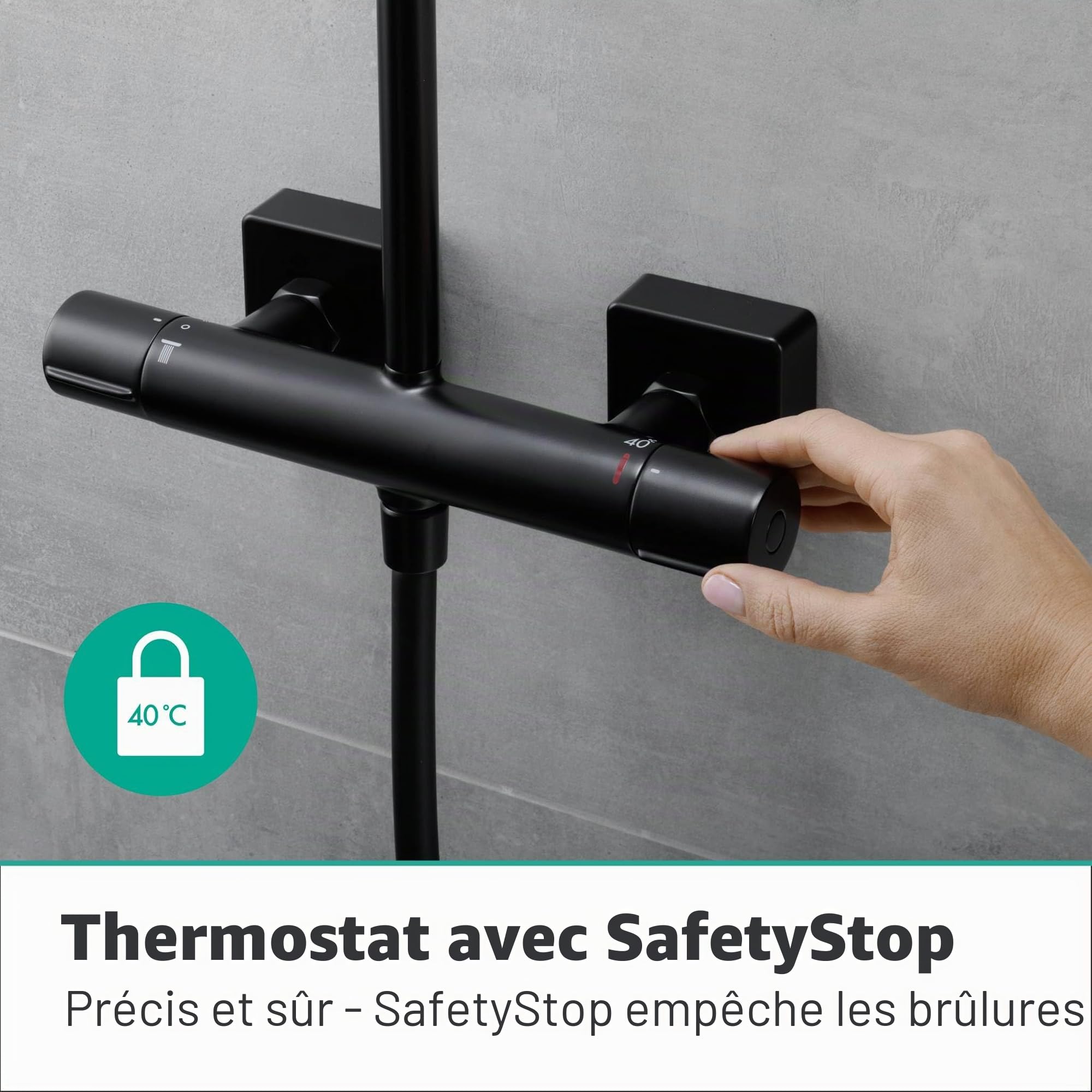 hansgrohe Vernis Shape - Colonne de douche avec mitigeur thermostatique, douche pluie avec robinet, douchette, support, flexible de douche, barre et douche de tête carrée 1 jet, Noir mat, 26286670