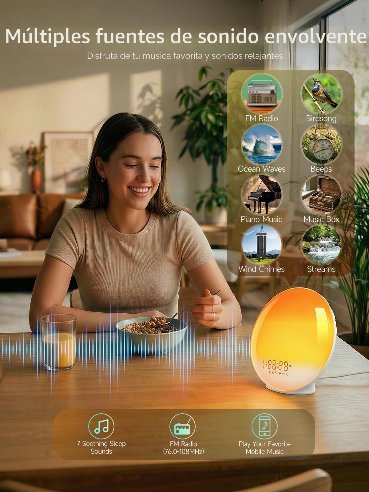 Reloj despertador de amanecer, luz de despertar con simulación de amanecer/atardecer, control de aplicación, 4 alarmas, calibración automática de tiempo, función de repetición, radio FM, 7 sonidos