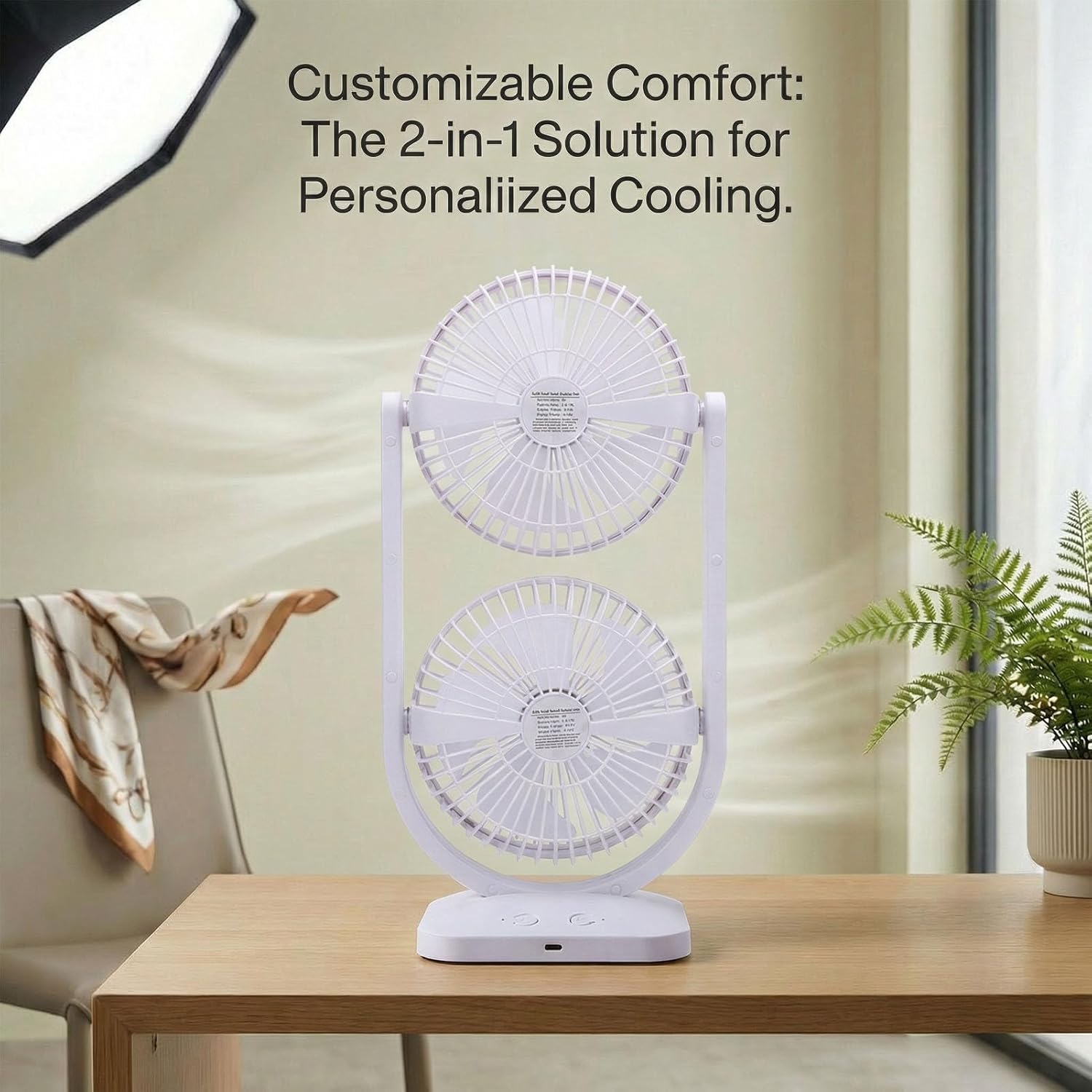 Small Tower Fan, 3000mAh Dual Head Design 3 Speed Portable Oscillating Tower Fan with USB Rechargeable & Stable Base for Home Office Dorm Travel Bedroom Desk Outdoor