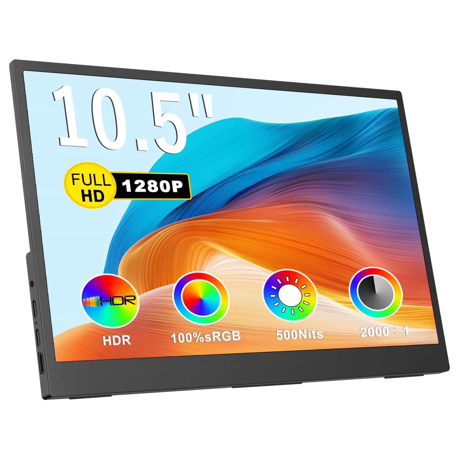 Small Portable Monitor 10.5" 500 Nits 2000:1 FHD 1280P IPS Screen, Ultra-Slim Mini Monitor w/Kickstand & Dual Speaker, USB C HDMI HDR Portable Gaming Monitor, Travel Monitors for Laptop PCs