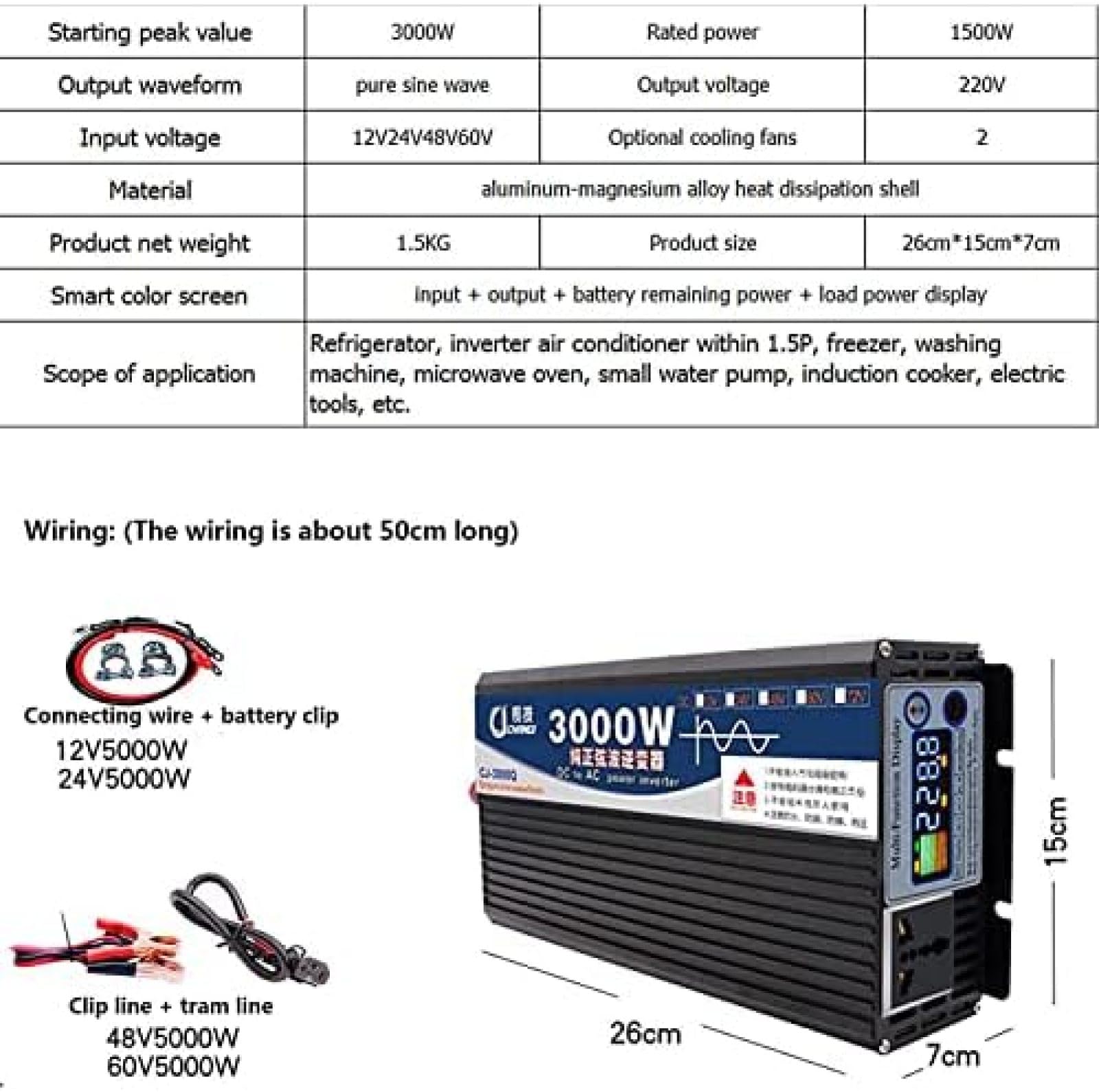 Inversor de Corriente de 12 V CC, 24 V, 48 V, 60 V a 110 V CA, 220 V, Onda sinusoidal Pura para Coche, con Pantalla Digital Dual, Panel Solar y Pantalla LCD, 3000 W, 12 V, 220 V