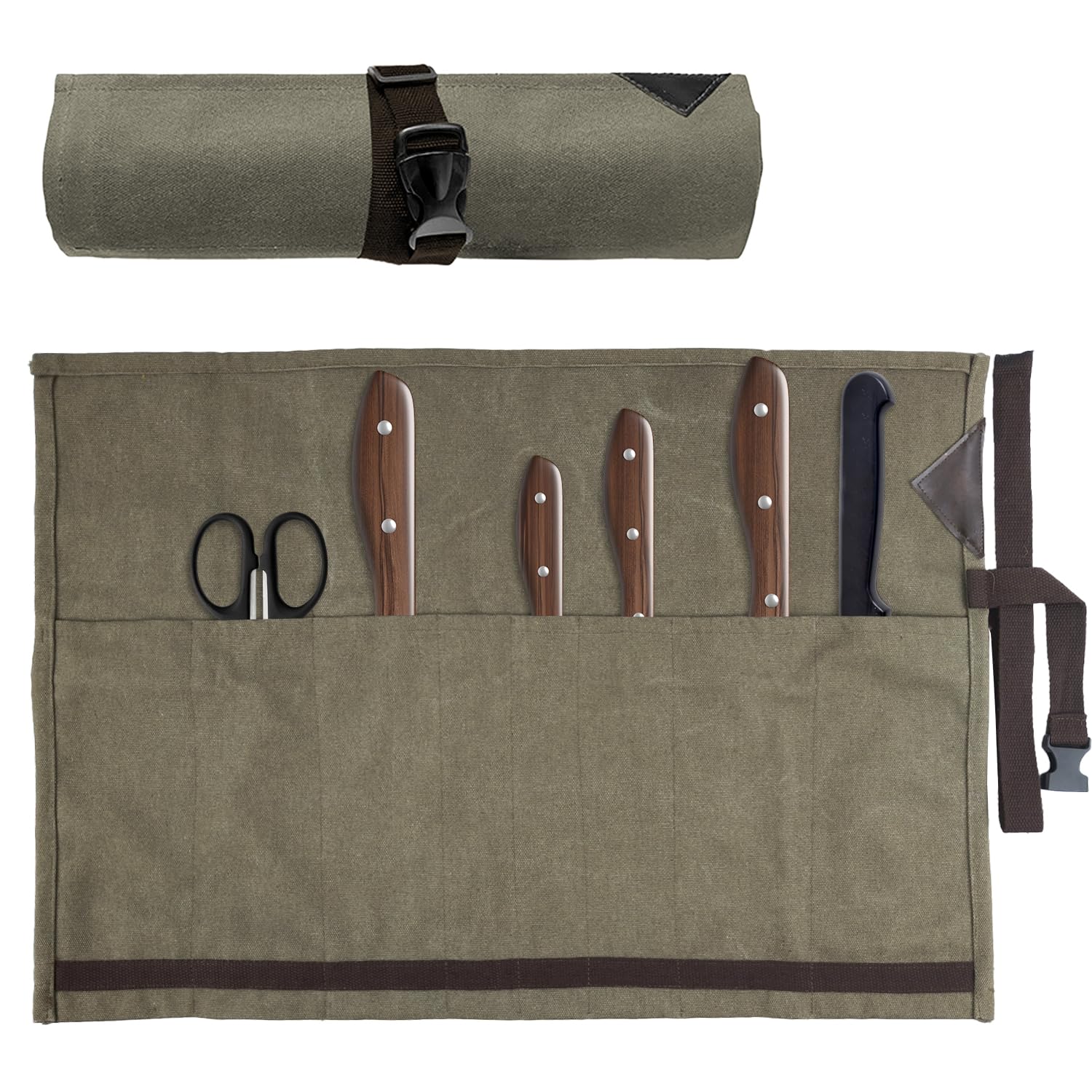 Borsa Coltelli Chef, Custodia Pieghevole a Rullo, 8 Scomparti, Contiene Coltelli fino a 10 cm, Chiusura con Cordino Avvolgente, Ldeale per Campeggio, Picnic, Cucina, ecc