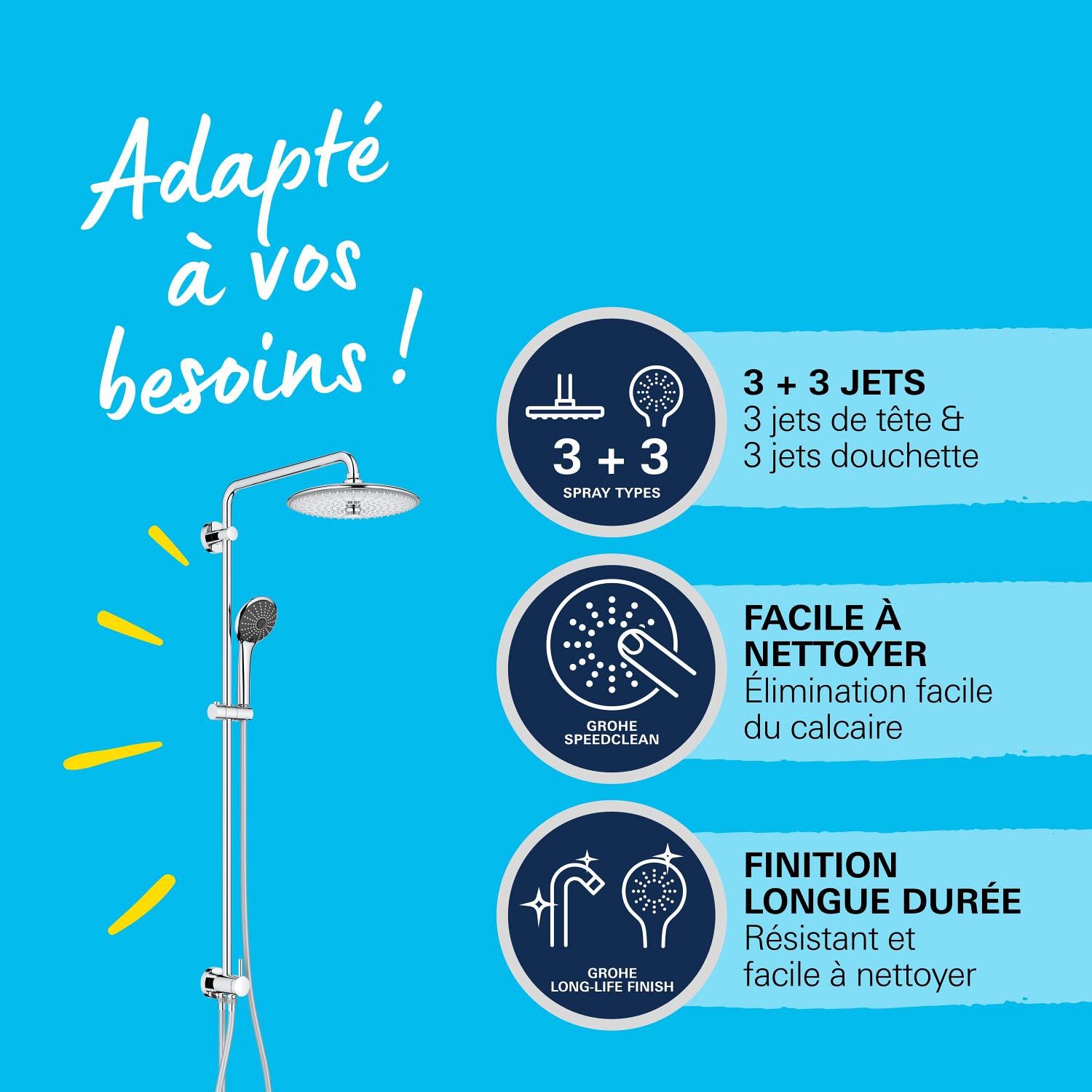 GROHE Colonne de douche avec inverseur Vitalio Joy 260, douche apparente, tête de douche 250mm, barre orientable, pommeau de douche Vitalio Joy 110 3 jets, chromé, 27357002 (Import Allemagne)