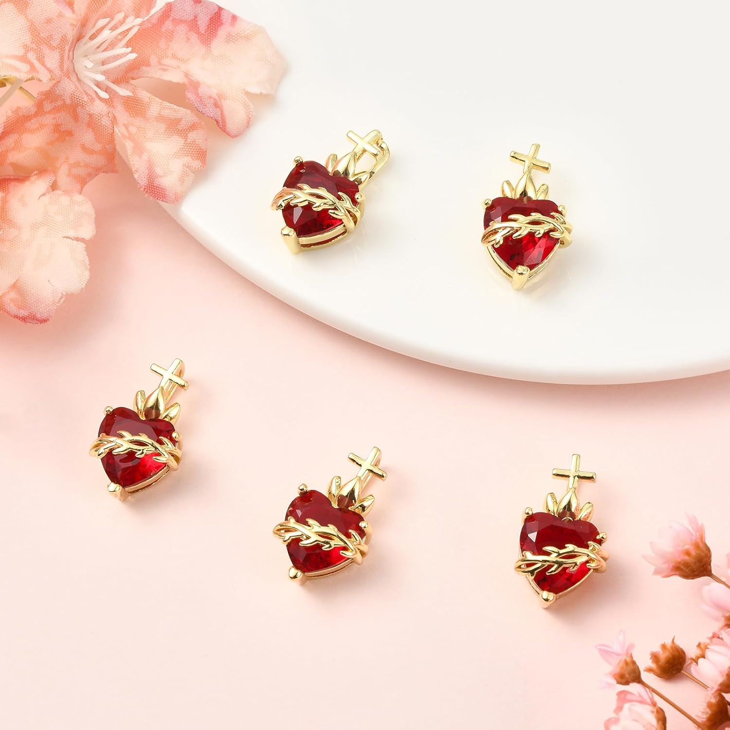 5Pcs Heart Charms for Jewelry Making 18K Gold Red Glass Metal Dangle Charms for Earrings Necklaces DIY Craft Supplies - Image 4