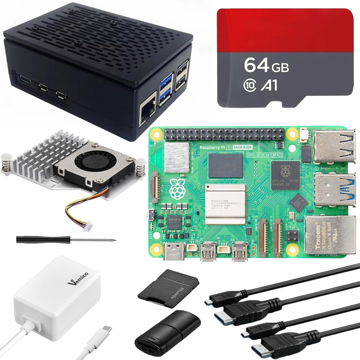 Vemico Raspberry Pi 5 Kit 8GB RAM 64GB Edition | 27W GaN 5.1V5A USB C Alimentazione,Active Cooler,64GB Tarjeta,Dual 4K HD Out Cable,Pi 5 8GB Board,Pi 5 Carcasa,Manual Usuario