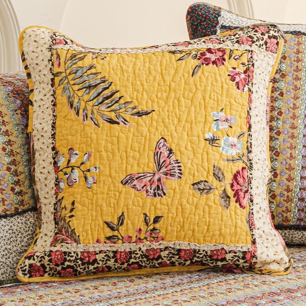 QIFONIX Vintage Patchwork Decorative Throw Pillow Cover, Floral Quilted Design with Pink Gingham Pattern, Scalloped Edge (Yellow and Pink, 18" x 18" (Pack of 2))