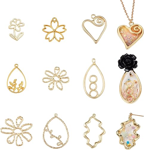 Spritewelry Colgantes de bisel de aleación con parte trasera abierta, encantos de marco hueco dorado, estrella, flor, corazón, lágrima, marco de