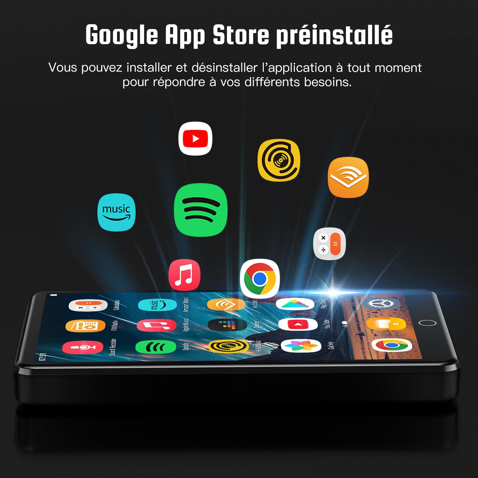 Lecteur MP3 avec WiFi et Bluetooth, écran Tactile 4.02" IPS HD, Lecteur MP4 avec Haut-parleurs, Lecteur de Musique Android Compatible avec Spotify, Deezer et Play Store