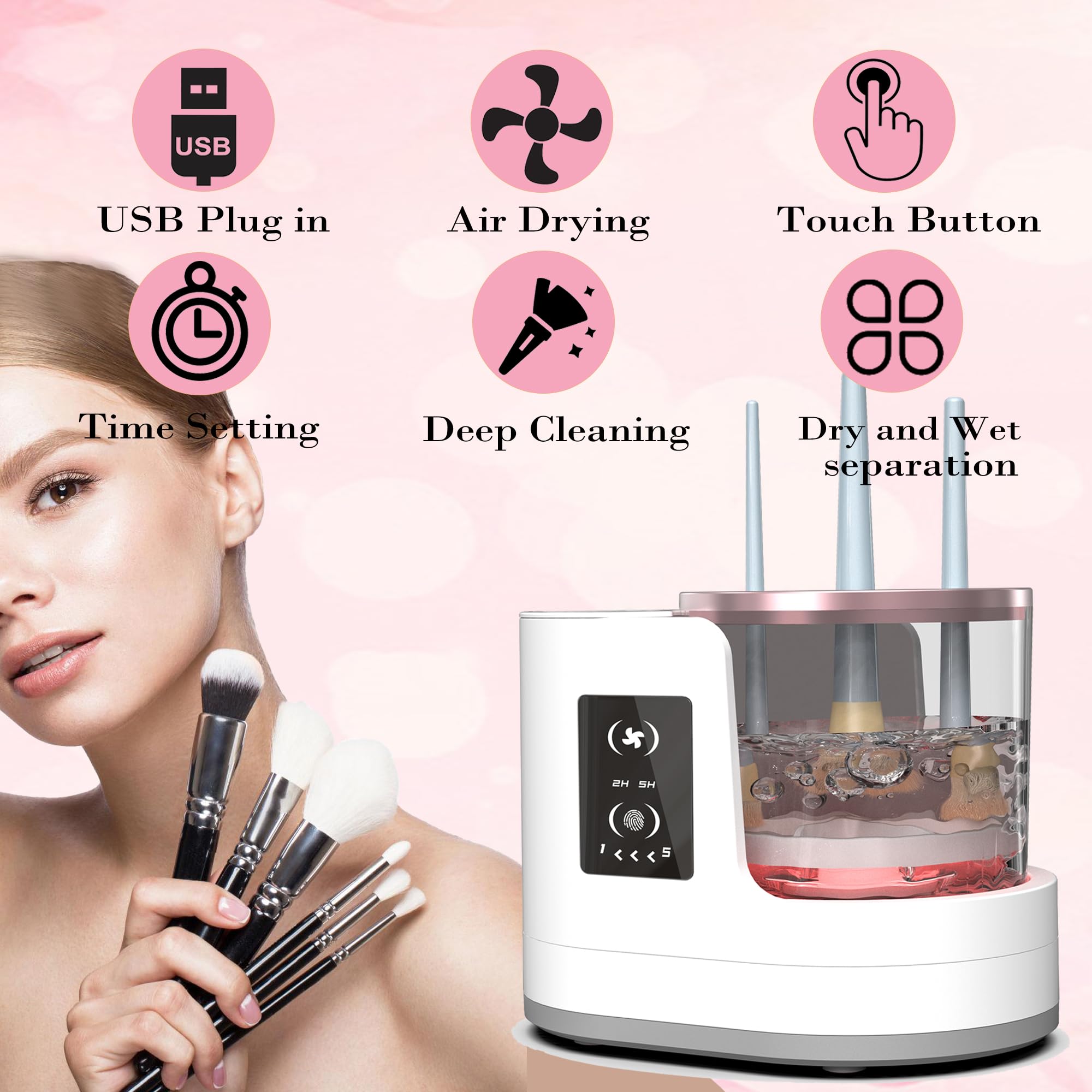 Nettoyeur de pinceaux de maquillage électrique 3 en 1 - Nettoyeur et séchoir automatique pour pinceaux de maquillage avec paramètres de séchage de plusieurs heures, design portable pour tous
